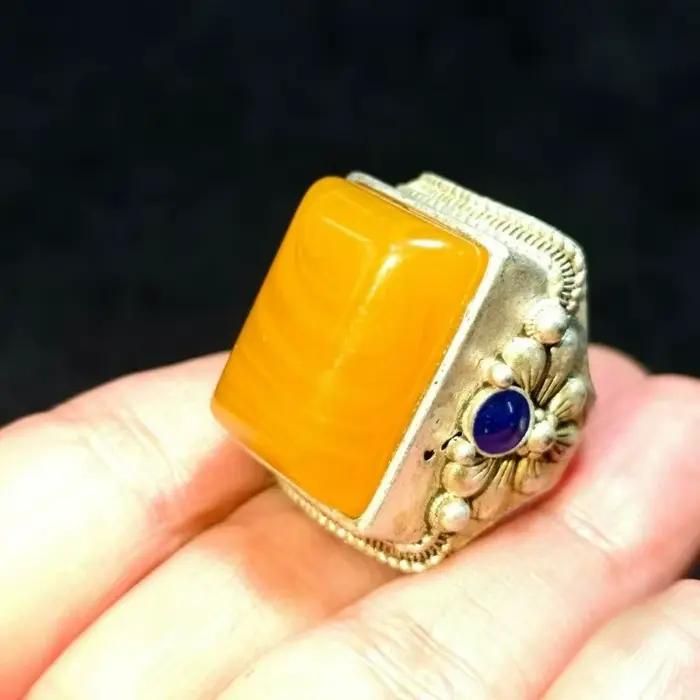 Bague vintage style selle tibétaine et mongole audacieuse incrustée de pierres précieuses artificielles réglable pour homme et femme cadeau spécial