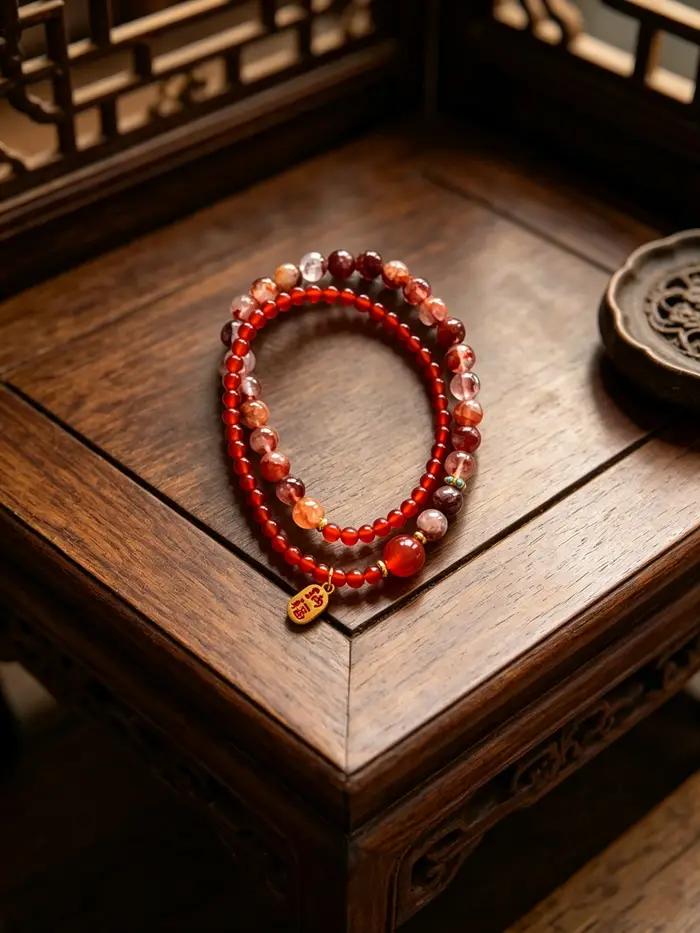 Bracelet à double boucle en agate rouge et cristal pour femme