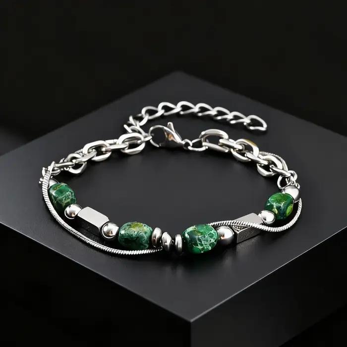 Bracelet en pierre naturelle verte à double chaîne en acier inoxydable pour homme, cadeau mode et durable pour les occasions spéciales