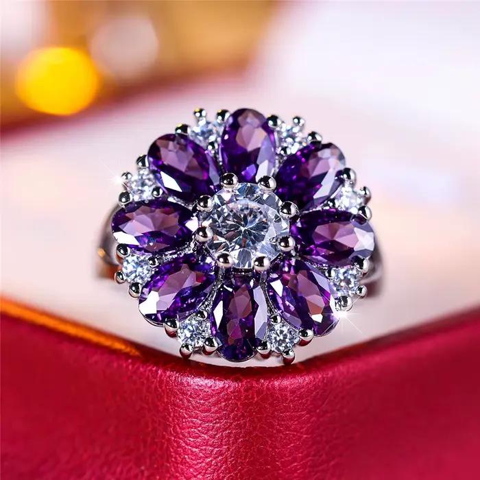 Bague de fiançailles de luxe en cristal violet pour femmes