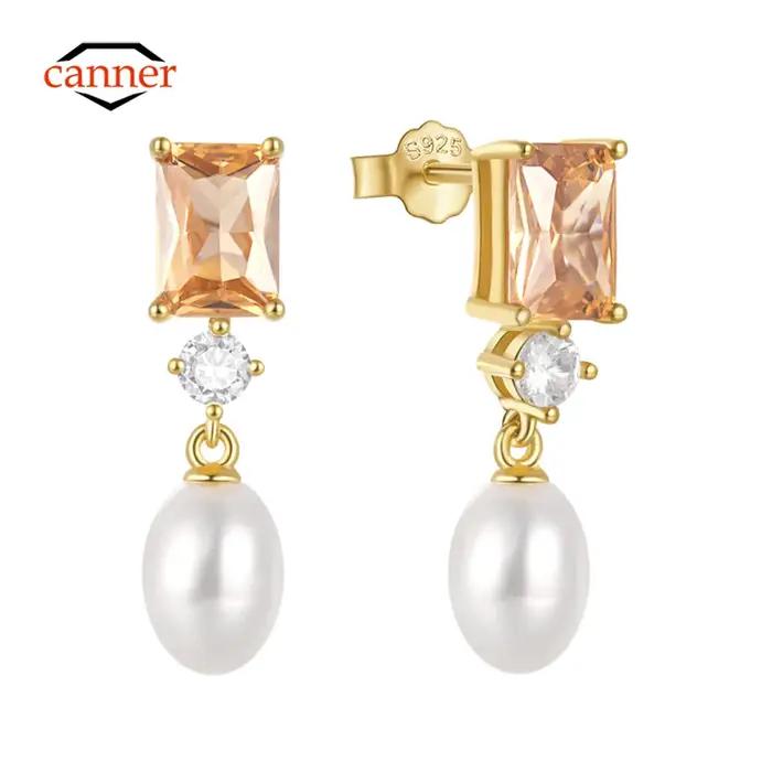 Boucles d'oreilles pendantes en argent regardé 925 avec perle de cristal pour femme