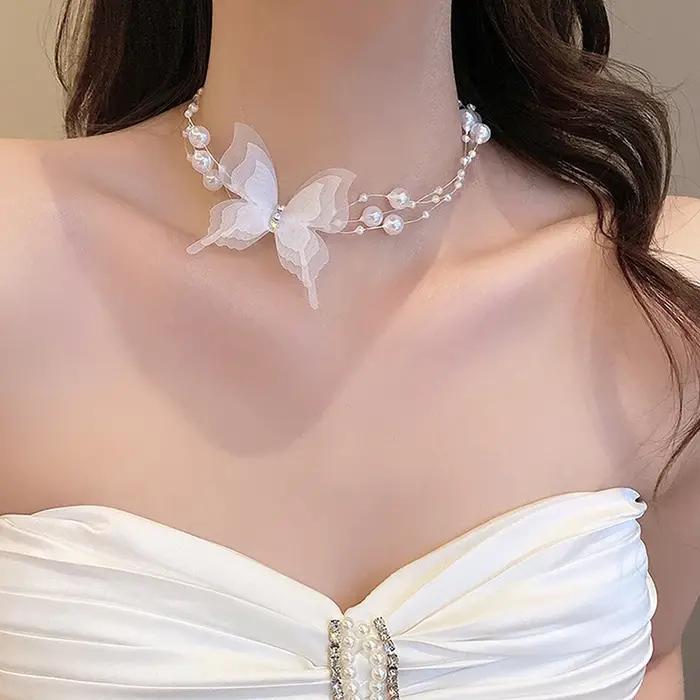 Collier ras du cou en perles papillon blanches pour femme, bijou de mariage, cadeau