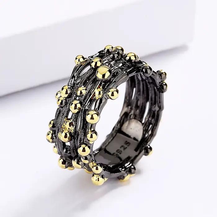 Bague Unique en or noir à pois pour femmes, bague en argent 925, multicouche, ensemble de mode, bague de mariage, cadeau