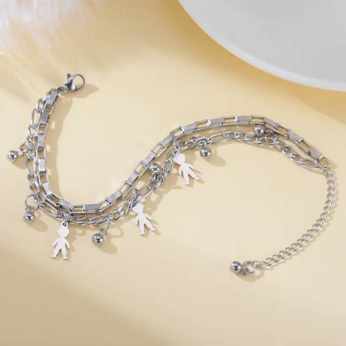 Bracelet en acier inoxydable à double chaîne de maillons et breloques pour femme et homme