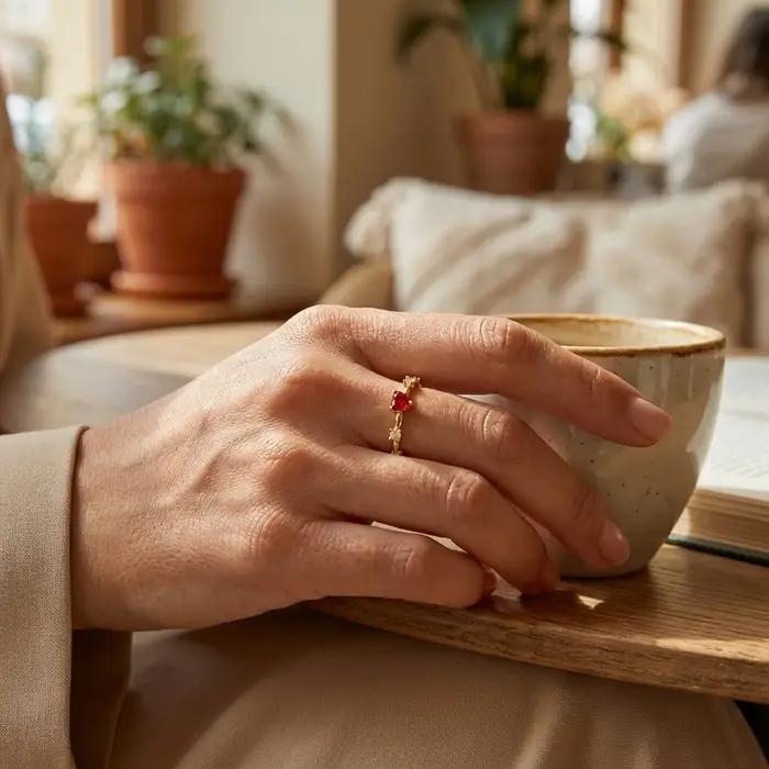 Bague en laiton sertie de zirconium rouge coquette avec texture texturée pour femmes romantique et minimaliste à offrir pour diverses occasions spéciales