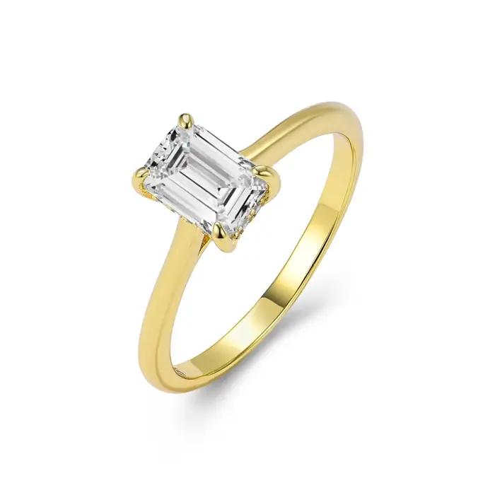 Bague en argent sterling 925 plaqué or 14 carats avec zircon cubique taille baguette pour mariage