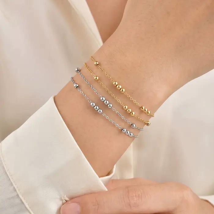 Bracelet délicat double couche à billes pour femme, minimaliste, avec chaîne de perles Satellite Station, plaqué or 18 carats, bijoux étanches