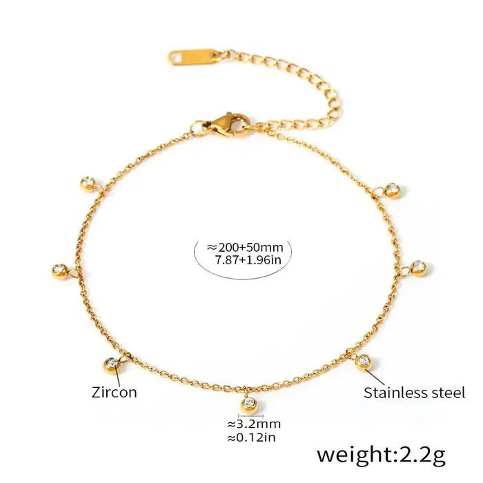 Chaîne de cheville pour femme en acier inoxydable avec breloques multi-zirconiums, plaqué or 18 cara