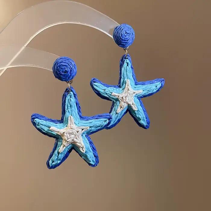 Boucles d'oreilles pendantes en raphia tressé pour femme, motif étoile de mer et fleur, bijoux d'oreille originaux pour vacances à la plage K