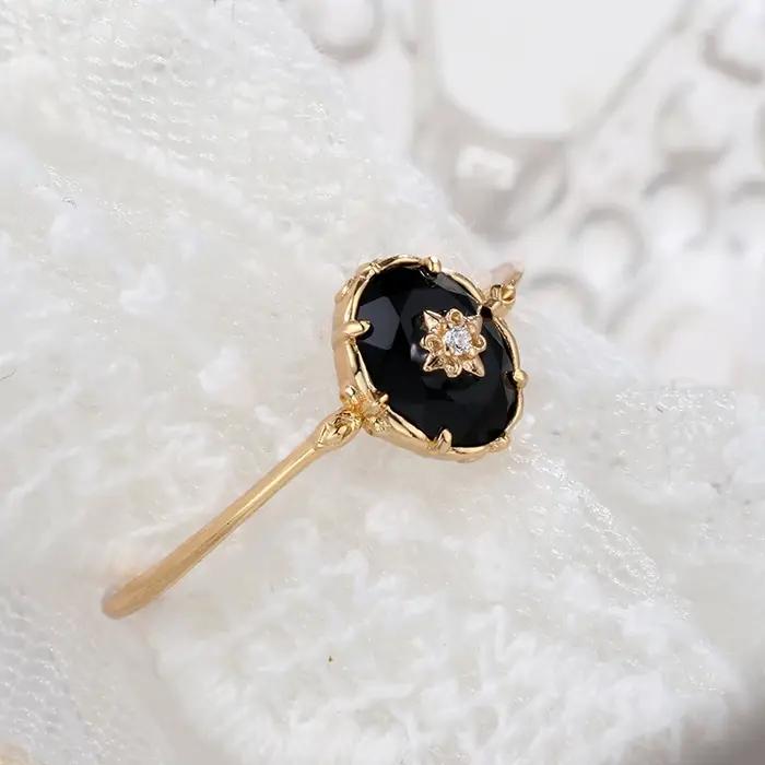 LAMOON bague en Agate noire naturelle pour femmes