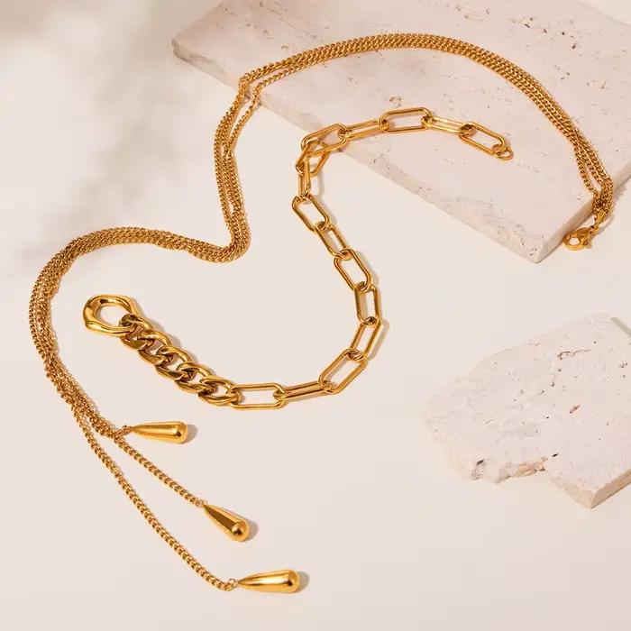 Trois colliers à chaînes différentes pour femmes, plaqués or 18 carats, en acier inoxydable, long collier à pampilles pour femme, chaîne pour pull