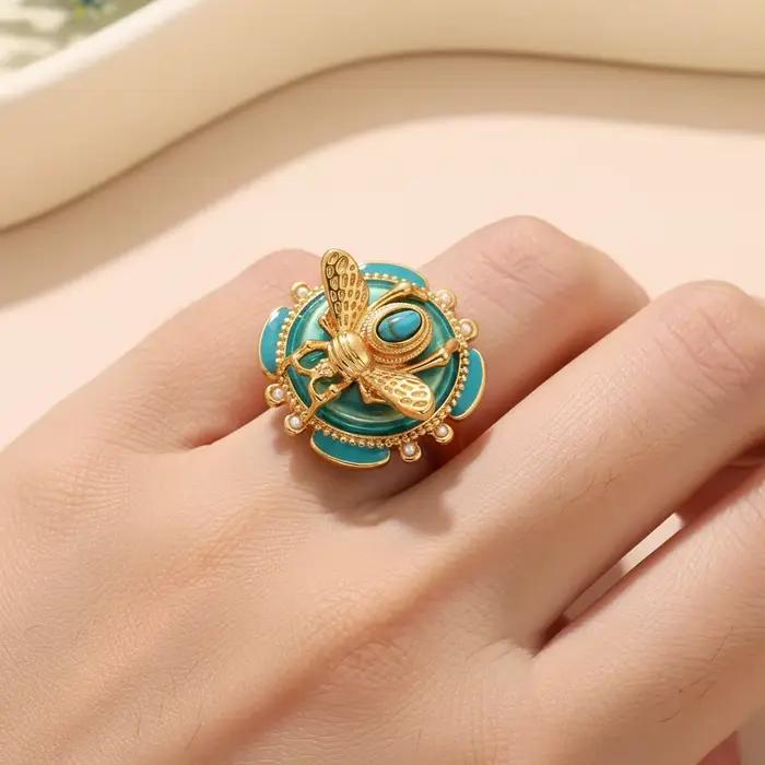 Bague abeille élégante en émail vert plaquée or avec perles turquoise et blanc pour homme et femme occasions spéciales cadeau bijoux