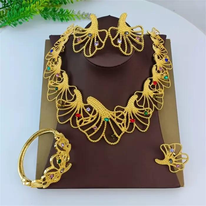 Ensemble de bijoux plaqué or et argent pour femmes, collier avec pierres colorées, bracelet, boucles d'oreilles et bague pour occasions spéciales