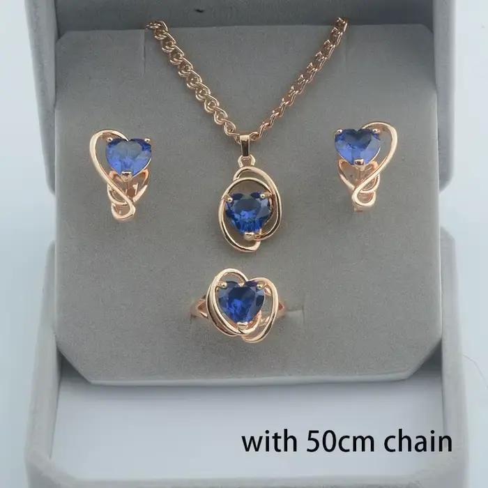 Ensemble de bijoux pour femmes, couleur or Rose, cœur bleu, Zircon cubique, pendentif et bagues, 585