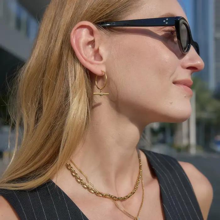 Boucles d'oreilles pendantes Zora Classic Zircon T Bar pour femmes, minimalistes, plaquées or 18 carats, en acier inoxydable, bijoux détachables tendance