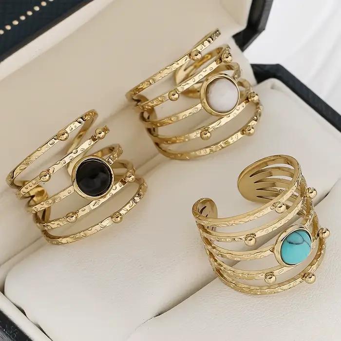 Bague ouverte en pierre naturelle bohème plaquée or turquoise pour femme, avec incrustations en acier inoxydable, pour occasions spéciales et tenues de tous les jours