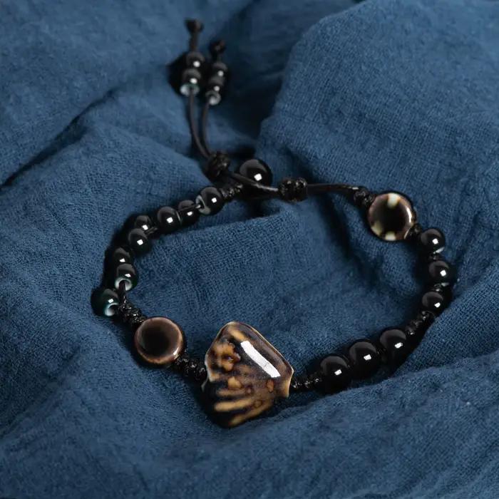 Bracelet festonné en céramique fait main, réglable, vintage, perles noires, bijoux minimalistes pour couples et cadeaux, 155