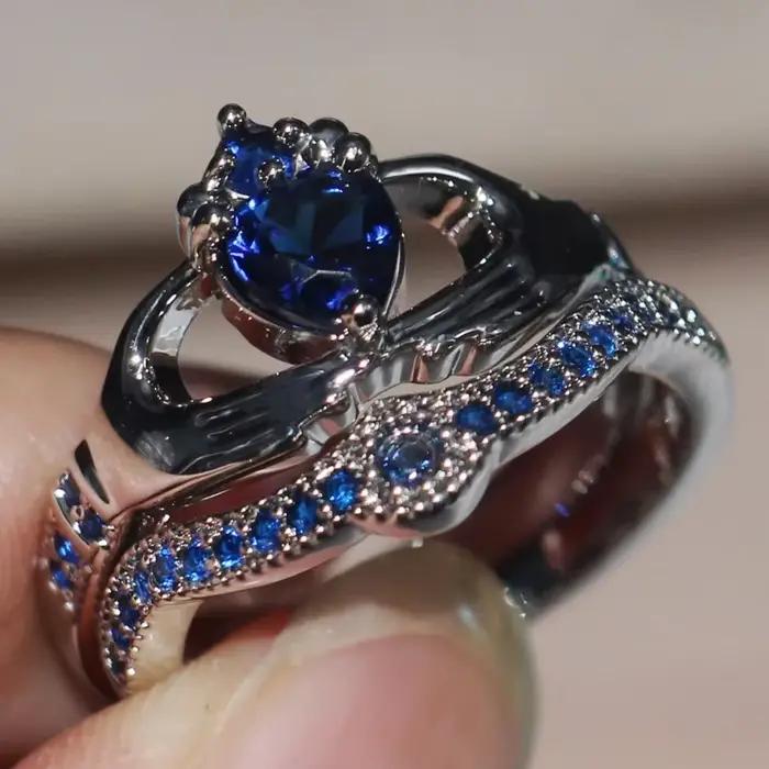 Ensemble de bagues Claddagh en saphir de laboratoire Queen Heart, or blanc 10 carats, bagues de fiançailles et de mariage pour femmes, bijoux cadeau