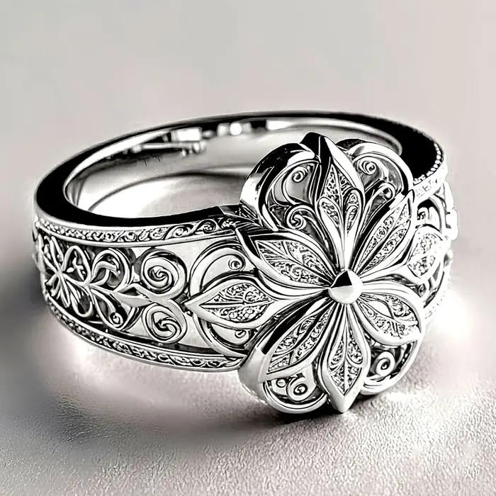 Bague de cocktail Huitan gravée de fleurs géométriques élégante pour femmes occasions spéciales partys mariages