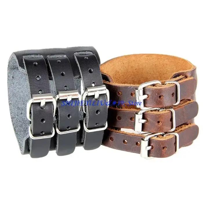 Bracelet manchette en cuir large style punk ajustable avec placage pour homme et femme