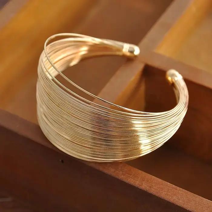 Vintage couleur or hyperbolique couches large fil Bracelet manchette