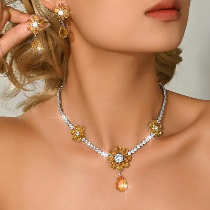 Collier de mariée fleuri, ensemble de luxe en cuivre serti de pierres en zircone, style européen, en