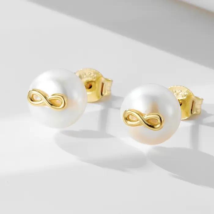 Infinite Love Boucles d'oreilles à tige en perles d'eau douce en argent sterling 925 plaqué or 14 carats avec 8 caractères pour femme