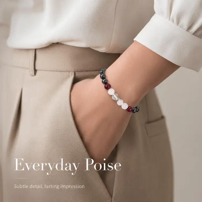 Bracelet de perles rondes noires et roses, bracelet élastique avec accent bordeaux, bijoux perlés simples et brillants, cadeau pour amis, couples, famille