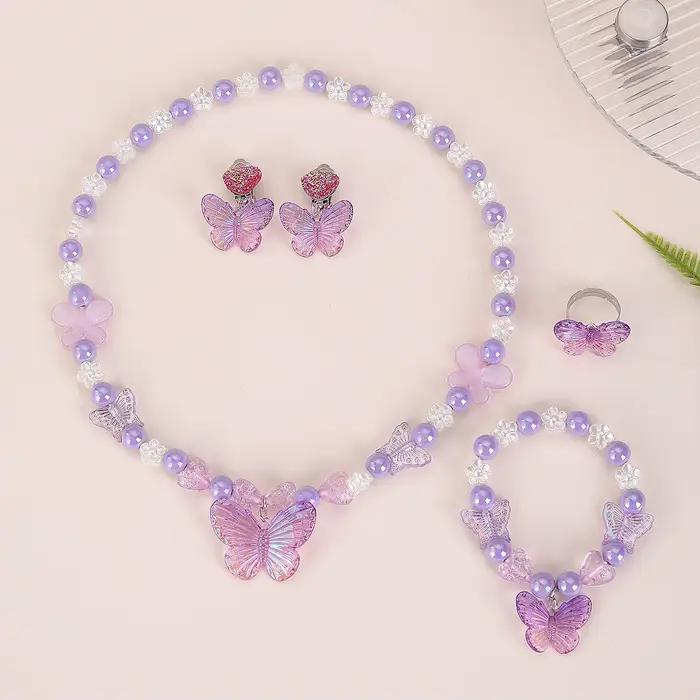 Bracelet princesse pour filles, bijoux en perles, collier papillon de dessin animé, bague, boucles d'oreilles, costume pour enfants