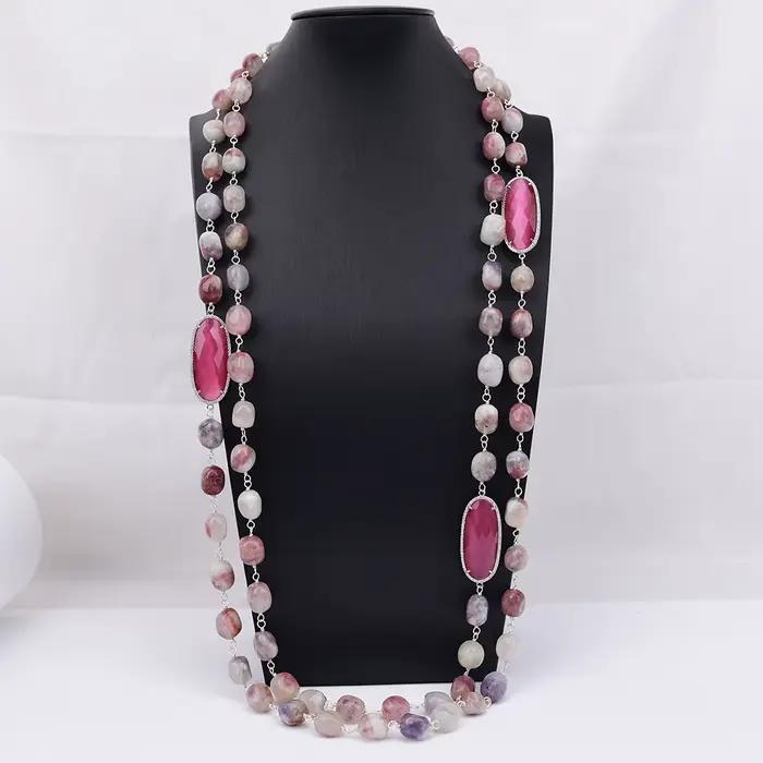 Collier de couches en tourmaline rose naturelle avec connecteur œil de chat rouge rosé pour femmes occasions spéciales