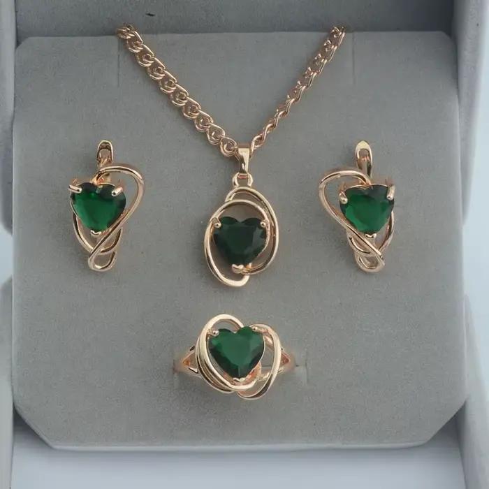 Ensemble de bijoux pour femmes, couleur or Rose, cœur bleu, Zircon cubique, pendentif et bagues, 585