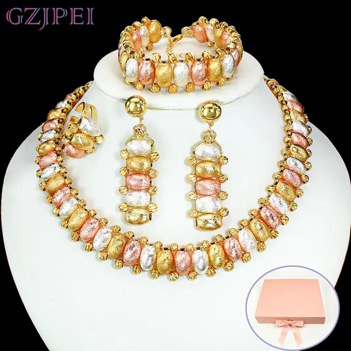 Ensemble de bijoux GZJPEI Boho pour femmes, trois couleurs, perles dorées, bijoux de mariée africains, collier, boucles d'oreilles, bracelet, bague, bijoux Dubaï Brésil