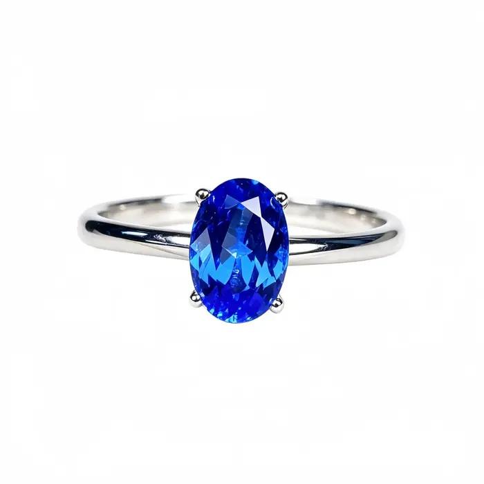 Bague en or blanc massif 18 carats pour femmes, bague de fiançailles en saphir naturel de forme oval