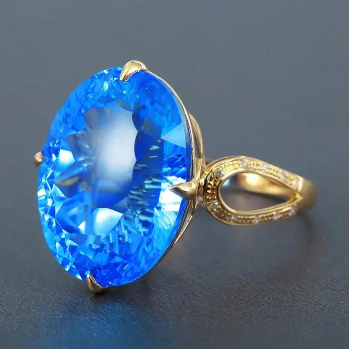 Bague en or 14K pour femmes, bijoux fins en saphir, boîte Anel De pierres précieuses, alliances De mariage, saphir bleu, boîte De bagues en pierres précieuses