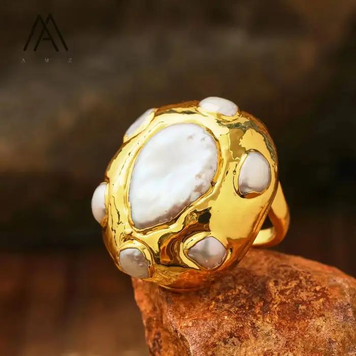 Bague en perle baroque plaquée or réglable pour femmes occasions spéciales engagement soirée mariage anniversaire unique