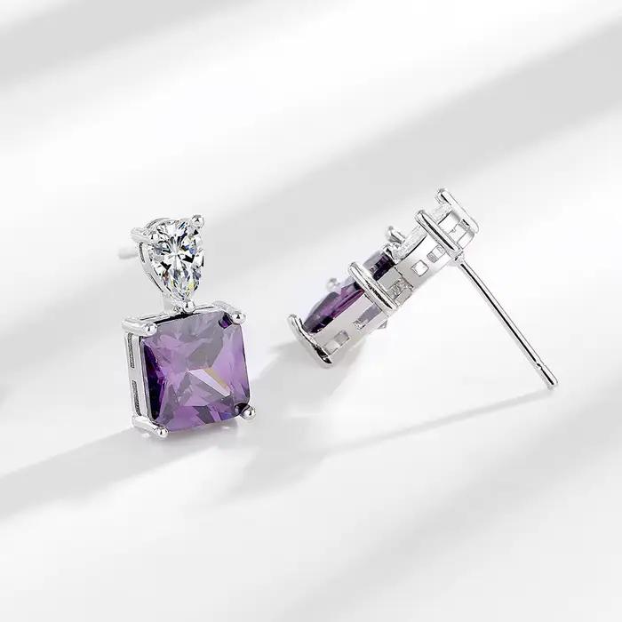 Boucles d'oreilles pendantes en cristal violet pour femmes, zircon taillé carré en forme de goutte d'eau, clous d'oreilles en argent 925, bijoux de mariée