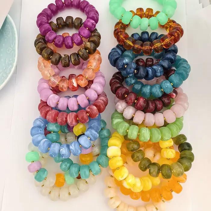 Bracelet élastique rond en résine pour femme, couleur or, perles baril PVD, grand acier inoxydable, étanche, fait main, DIY, bleu beige