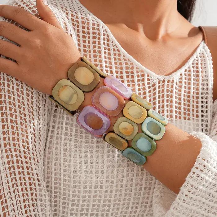 Bracelet en résine corde élastique vermeil style rétro géométrique carré pour femmes occasions quotidiennes et spéciales