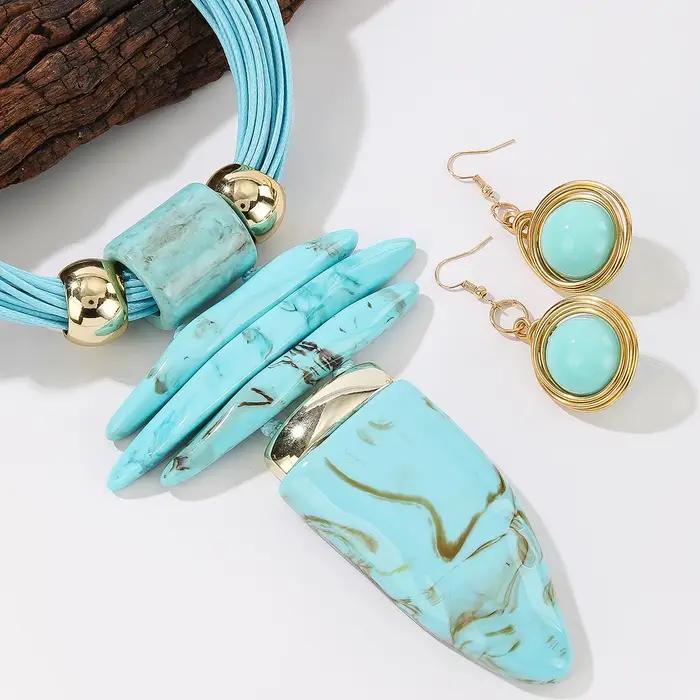 Ensemble de bijoux occidentaux tendance, collier et boucles d'oreilles fantaisie en imitation turquoise et corde cirée, accessoires de fête pour femmes