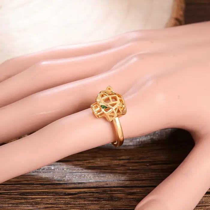 Bague Chic Plaquée Or en Forme de Panthère Taille Fixe avec Yeux en Cristal Vert Bijou Tendance Tête d'Animal pour Femme Occasions Spéciales