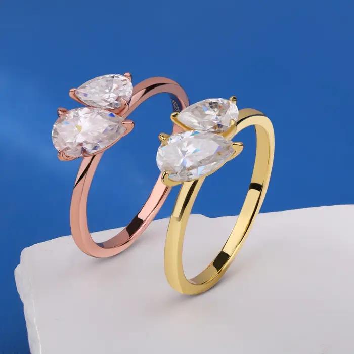 Bague en diamant Moissanite Double poire Toi Et Moi argent 925 plaqué or 18 carats pour femmes occasions spéciales mariage engagement fête cadeau