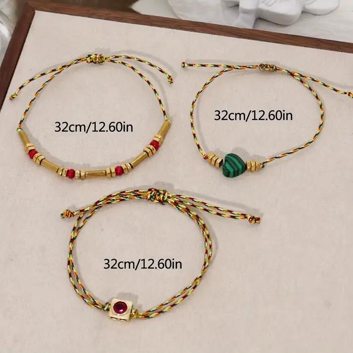 Ensemble de bracelets bohème chic pour femmes, 3 pièces, fabriqués à la main avec une pierre naturelle en forme de cœur, chaîne délicate pour tenue décontractée, fête