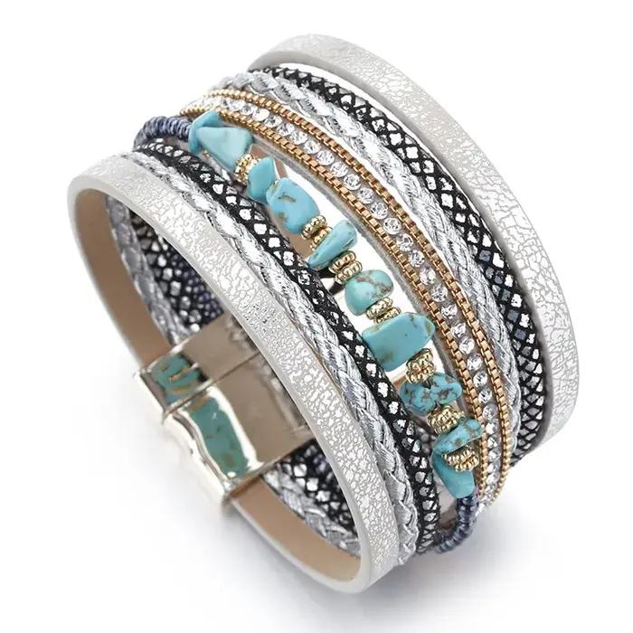 Amorcome Boho pierre naturelle Bracelets en cuir pour femme Vintage tressé corde large multicouche Wrap Bracelet hommes bijoux