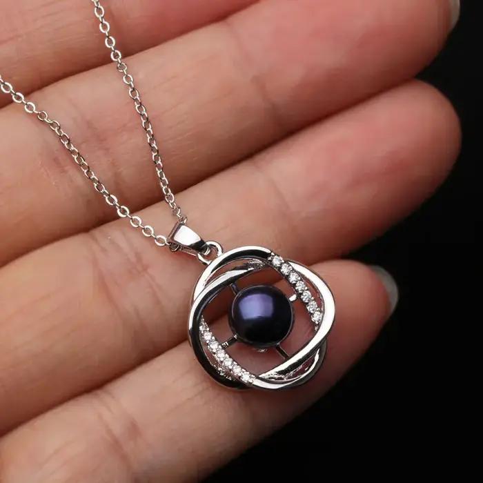 Pendentif en argent sterling 925 avec perles d'eau douce noires pour femme, cadeau d'anniversaire et mariage, bijou hypoallergénique, design unique plante, perles bouton, fin et sophistiqué