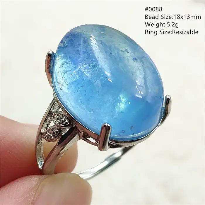 Bague brésilienne réglable avec perles d'aigue-marine bleue naturelle pour femme, bijoux ovales en argent regardé 925, Uto AAA