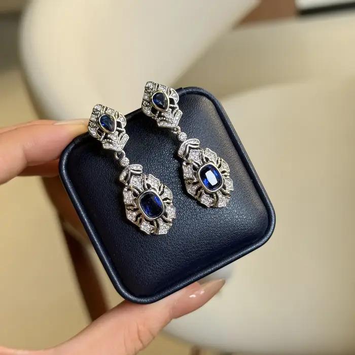Boucles d'oreilles vintage à pampilles avec pierres précieuses bleues pour femmes