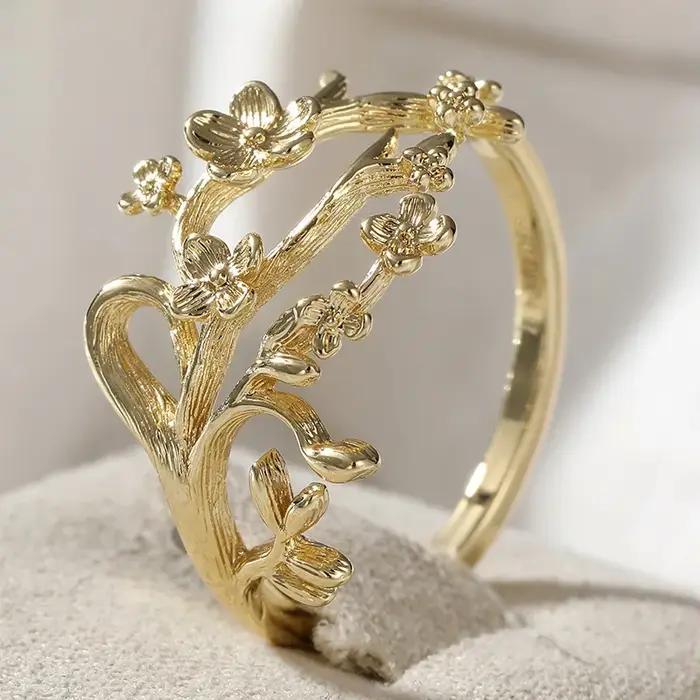 Bague vintage pour femme, motif branche et fleur sculptés à la main, en métal doré, géométrique, pour usage quotidien, bijoux de fête, cadeau d'anniversaire