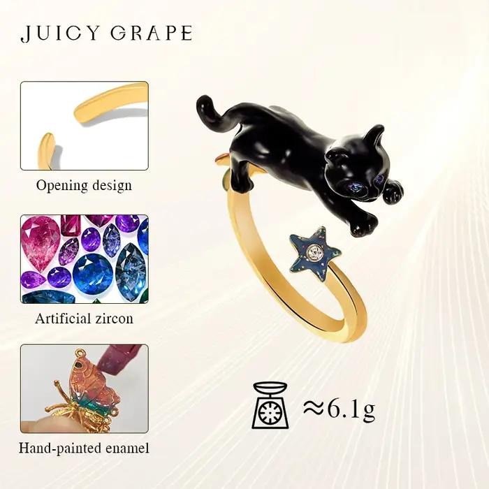 Bague réglable en émail plaqué or 18 carats fait à la main avec chat noir juteux