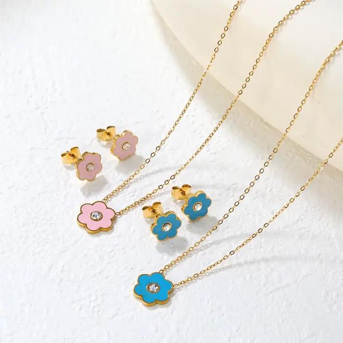 LUXUKISSKIDS – ensemble de bijoux pour filles, couleur rose/bleu, Six pétales de fleurs, collier goutte-huile, boucles d'oreilles, cadeaux d'anniversaire romantiques