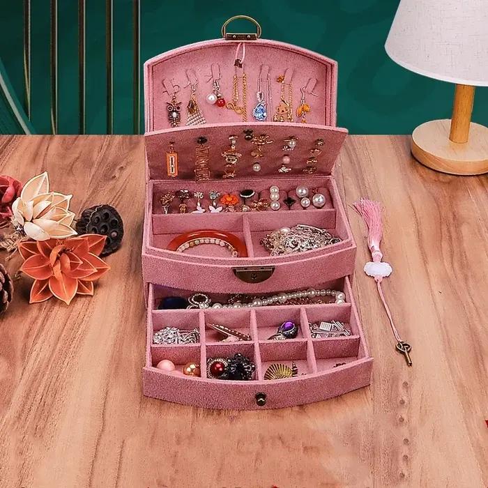 Boîte à bijoux en bois double couche avec doublure en velours pour rangement et protection de colliers et bijoux pour femmes occasions spéciales